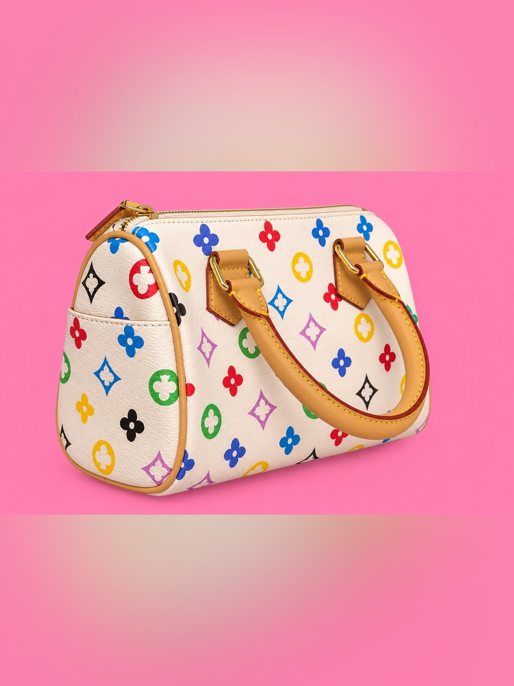 White Multicolor Monogram Satchel with Tan Handles